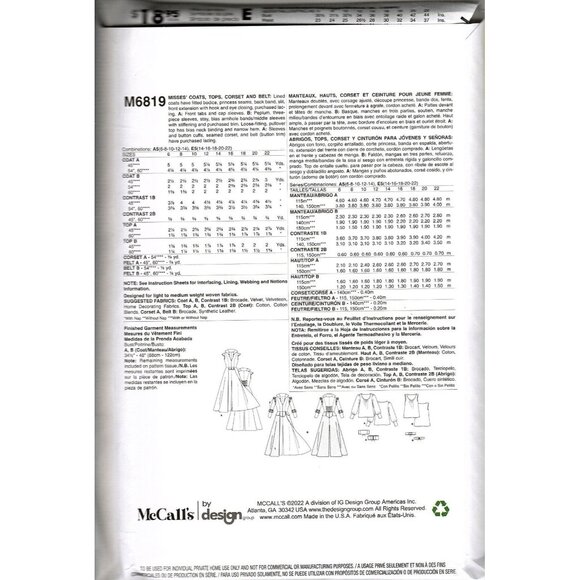McCall's M6819 Misses 14 to 22 Coats Tops Corset and Belt Costume Sewing Pattern - Picture 2 of 2